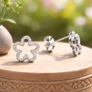 New Tiny Sakura Sterling Silver Stud Earrings, Flower Outline